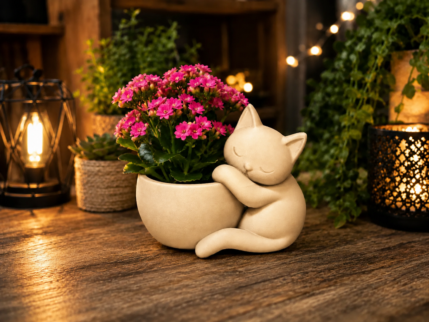 3D Baskı Sarılan Kedi Saksı - Sevimli Dekoratif Saksı - Bej