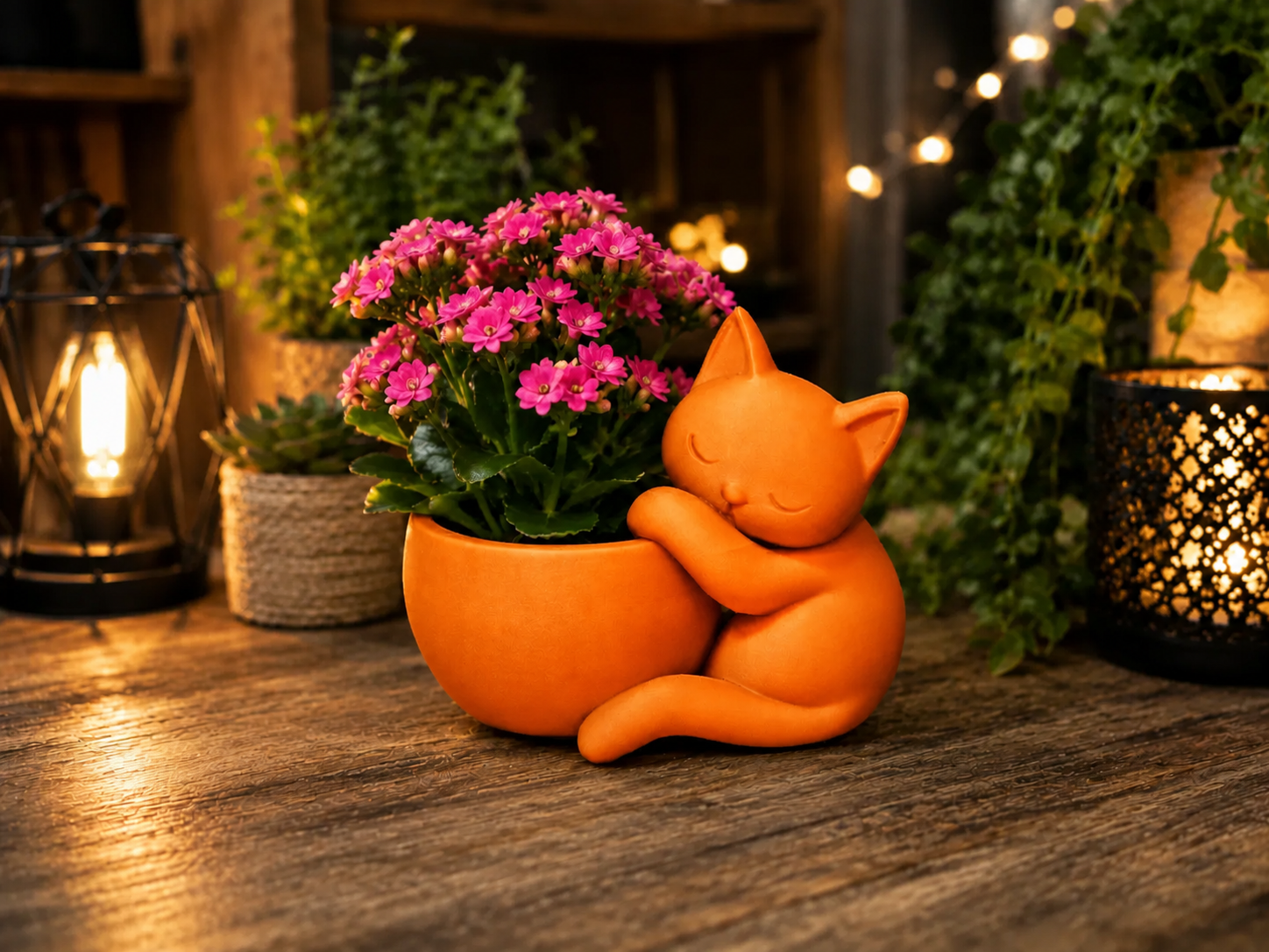 3D Baskı Sarılan Kedi Saksı - Sevimli Dekoratif Saksı - Turuncu