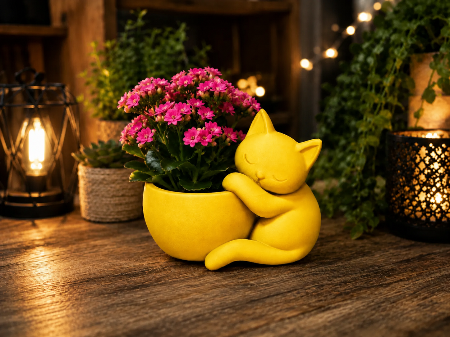 3D Baskı Sarılan Kedi Saksı - Sevimli Dekoratif Saksı - Sarı