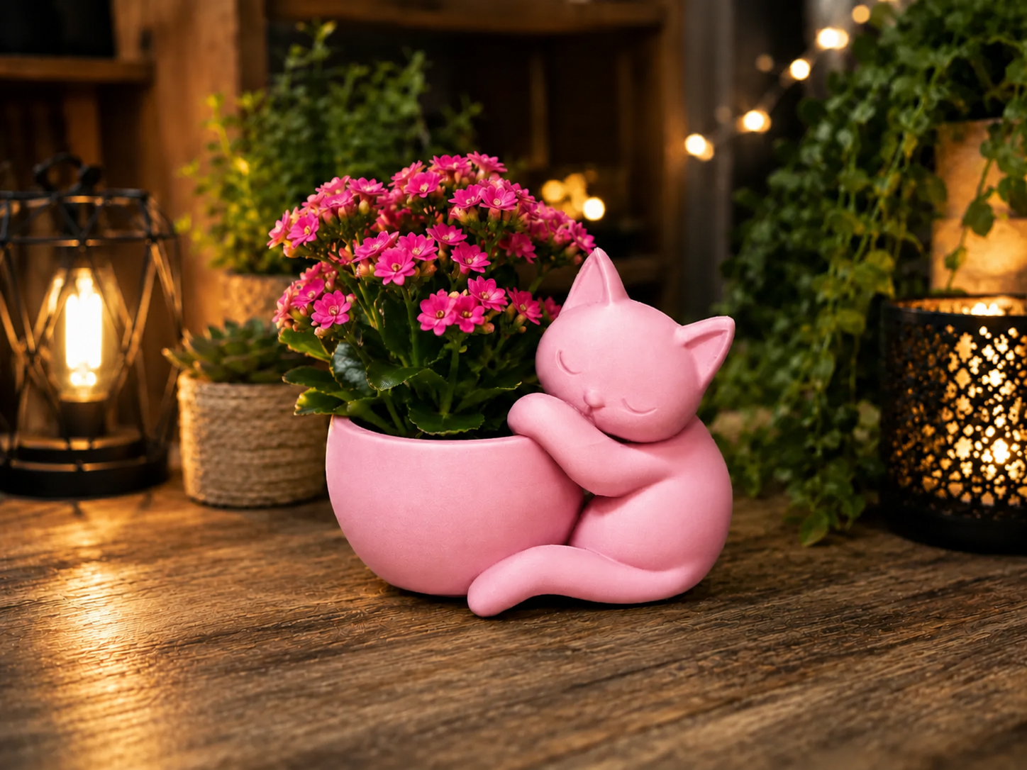3D Baskı Sarılan Kedi Saksı - Sevimli Dekoratif Saksı - Pembe