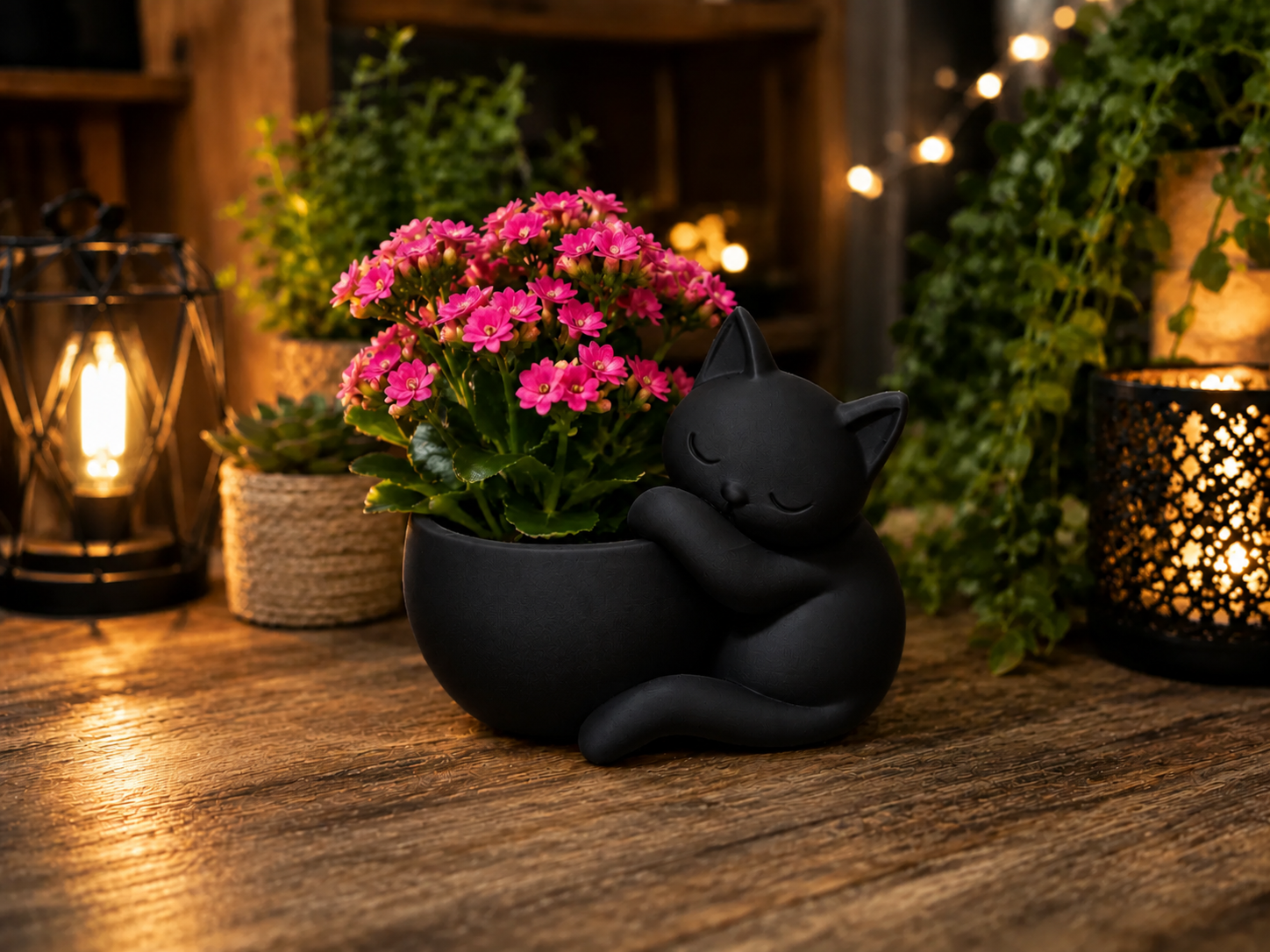 3D Baskı Sarılan Kedi Saksı - Sevimli Dekoratif Saksı - Siyah