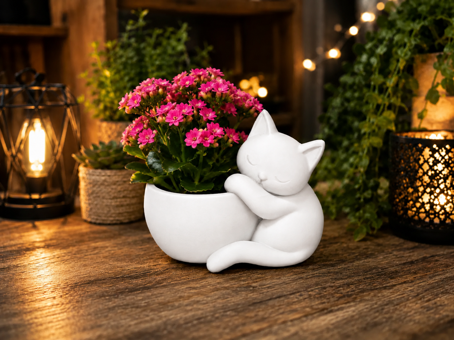 3D Baskı Sarılan Kedi Saksı - Sevimli Dekoratif Saksı - Beyaz