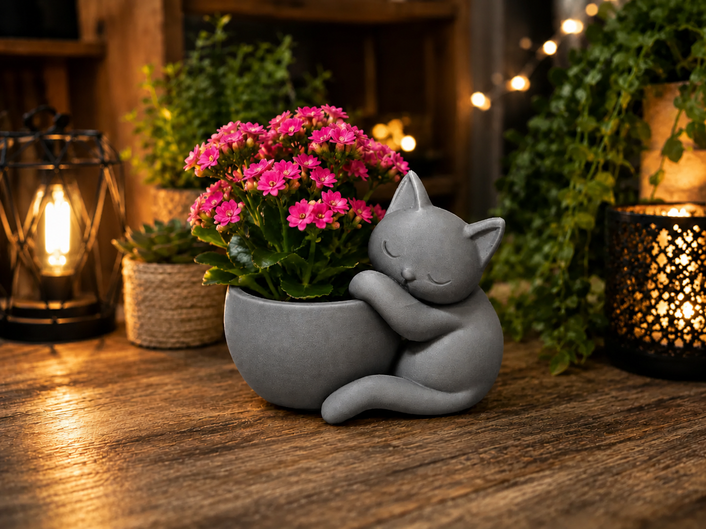 3D Baskı Sarılan Kedi Saksı - Sevimli Dekoratif Saksı - Gri