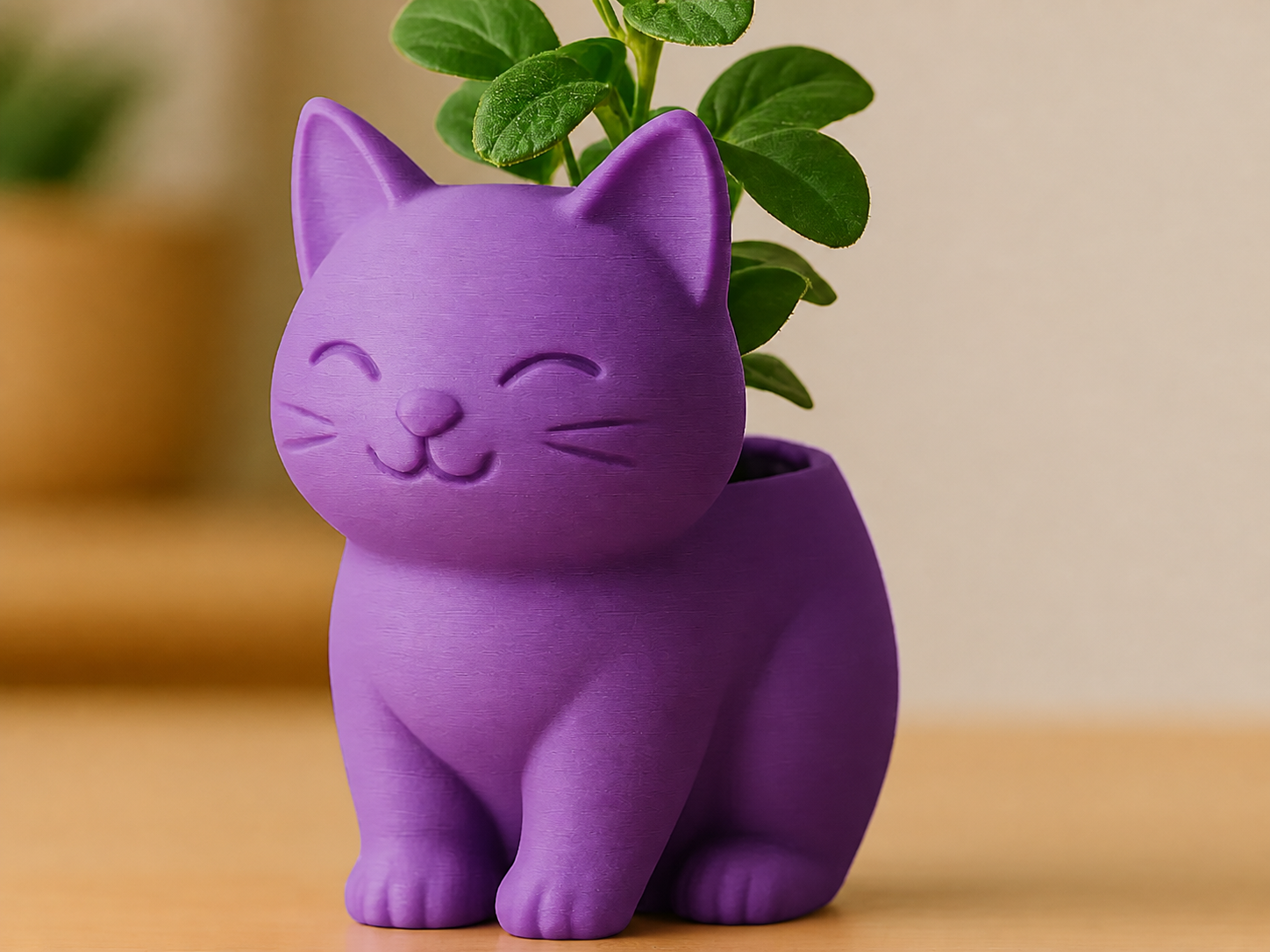 3D Baskı Sevimli Kedi Saksı - Figürlü Sukulent Saksısı-Mor