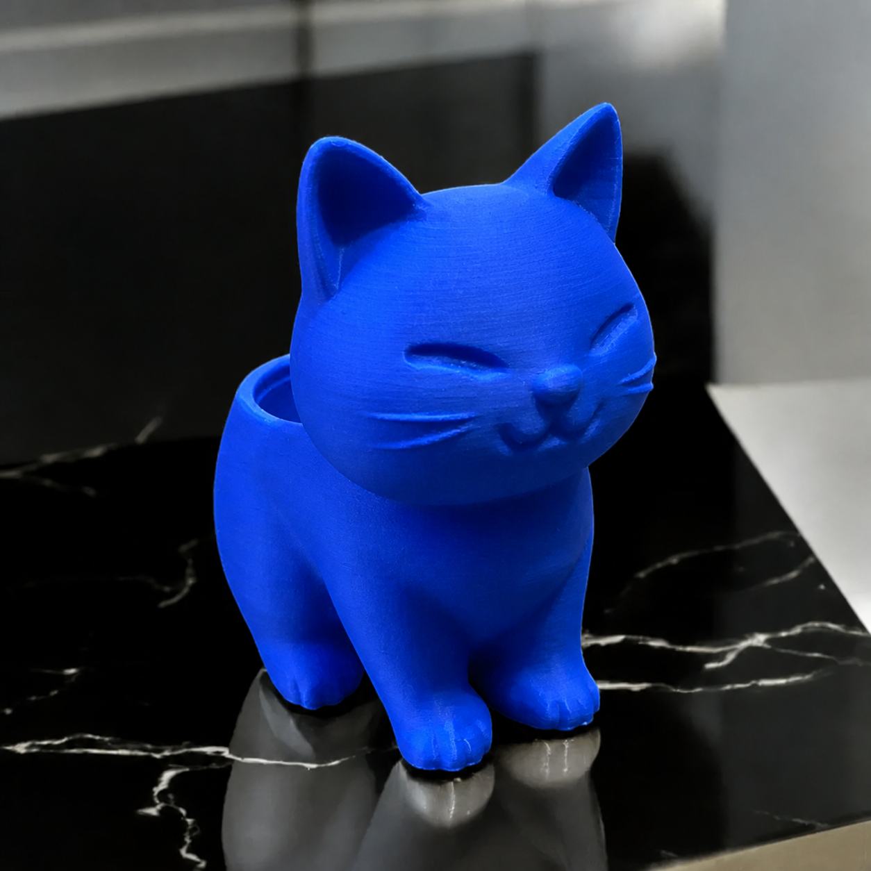 3D Baskı Sevimli Kedi Saksı - Figürlü Sukulent Saksısı-Mavi