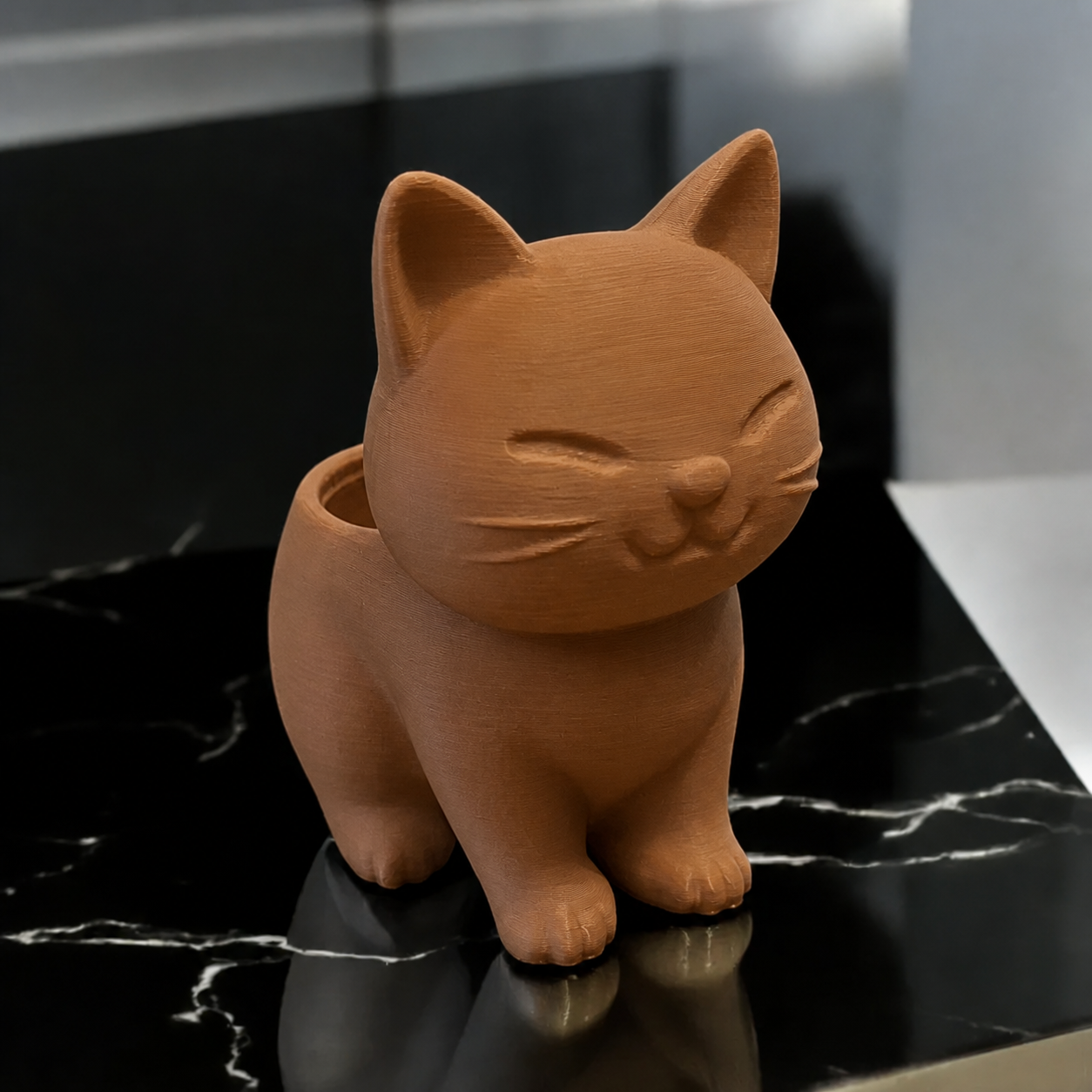 3D Baskı Sevimli Kedi Saksı - Figürlü Sukulent Saksısı-Kahverengi