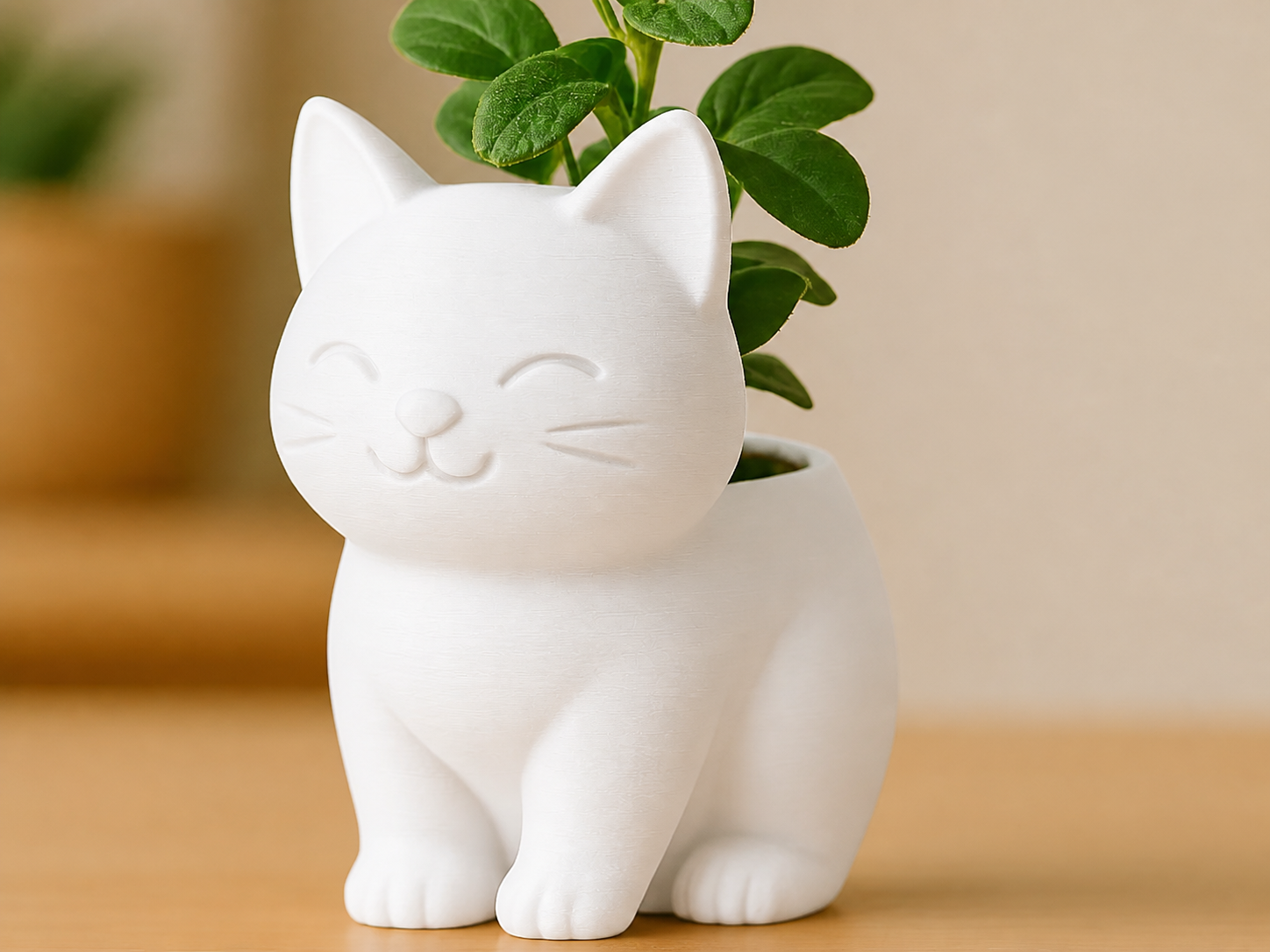 3D Baskı Sevimli Kedi Saksı - Figürlü Sukulent Saksısı-Beyaz