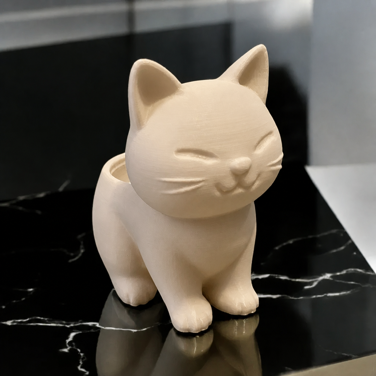 3D Baskı Sevimli Kedi Saksı - Figürlü Sukulent Saksısı-Bej