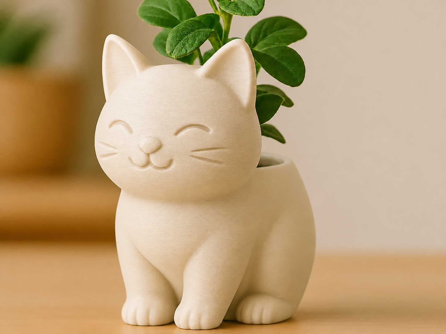 3D Baskı Sevimli Kedi Saksı - Figürlü Sukulent Saksısı-Bej