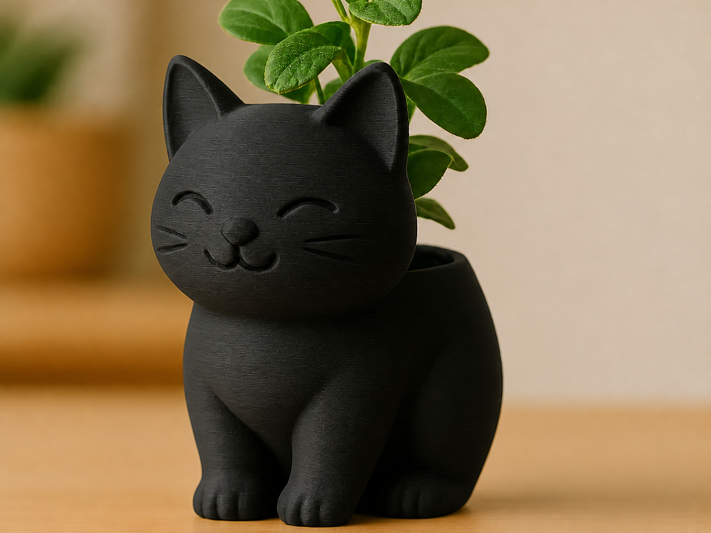 3D Baskı Sevimli Kedi Saksı - Figürlü Sukulent Saksısı-Siyah