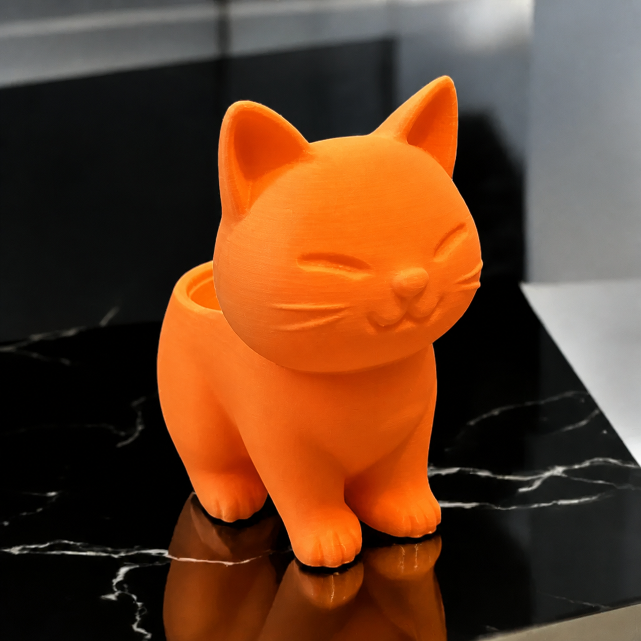 3D Baskı Sevimli Kedi Saksı - Figürlü Sukulent Saksısı-Turuncu