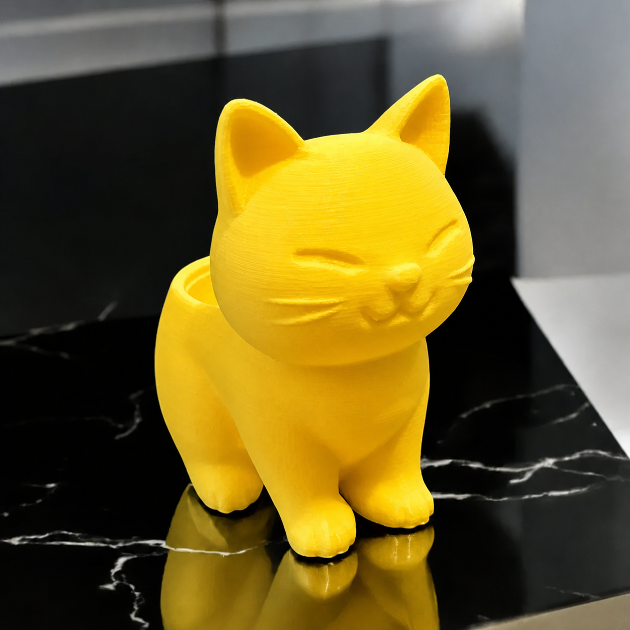 3D Baskı Sevimli Kedi Saksı - Figürlü Sukulent Saksısı-Sarı