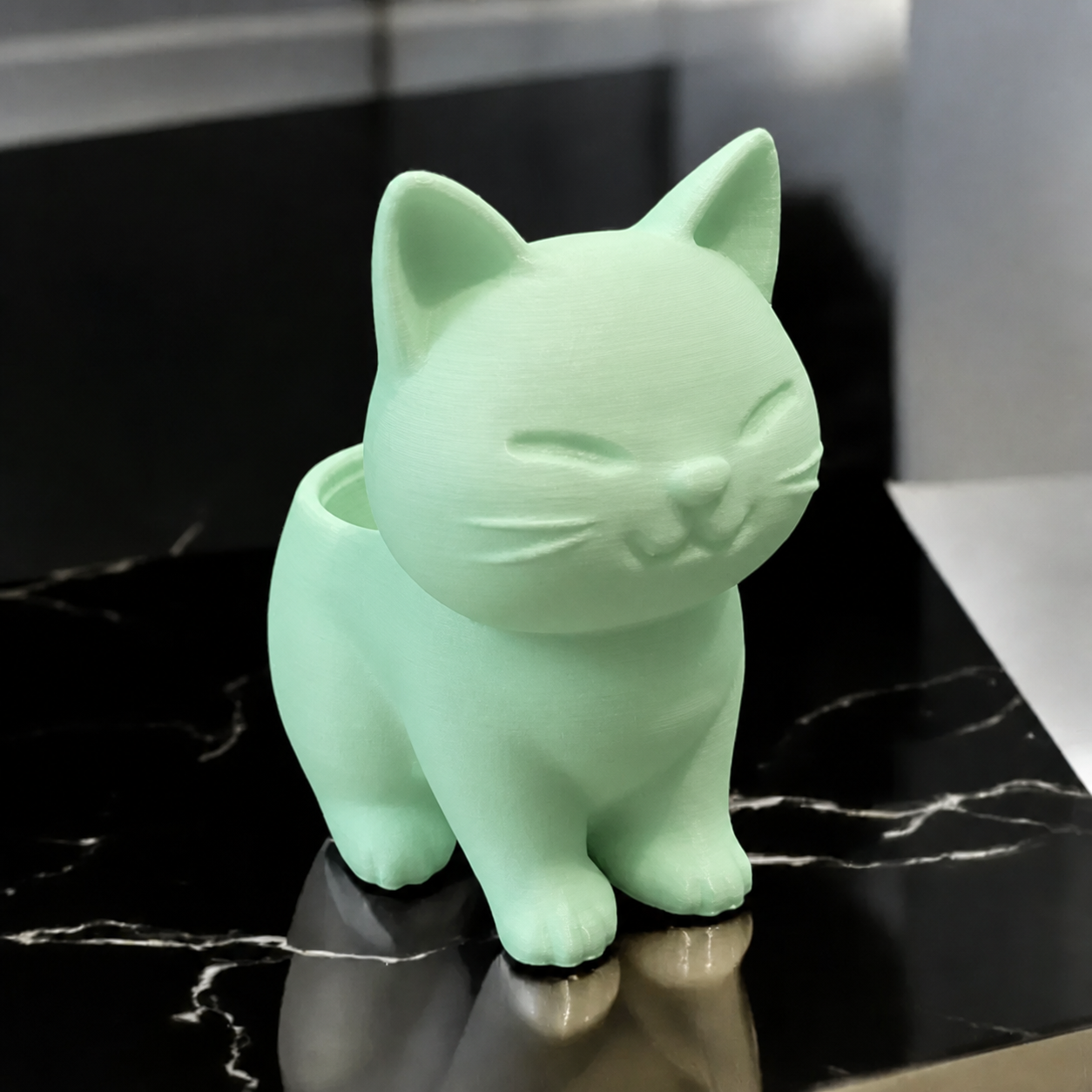 3D Baskı Sevimli Kedi Saksı - Figürlü Sukulent Saksısı-Mint