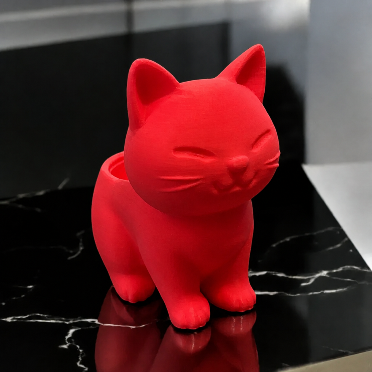 3D Baskı Sevimli Kedi Saksı - Figürlü Sukulent Saksısı-Kırmızı