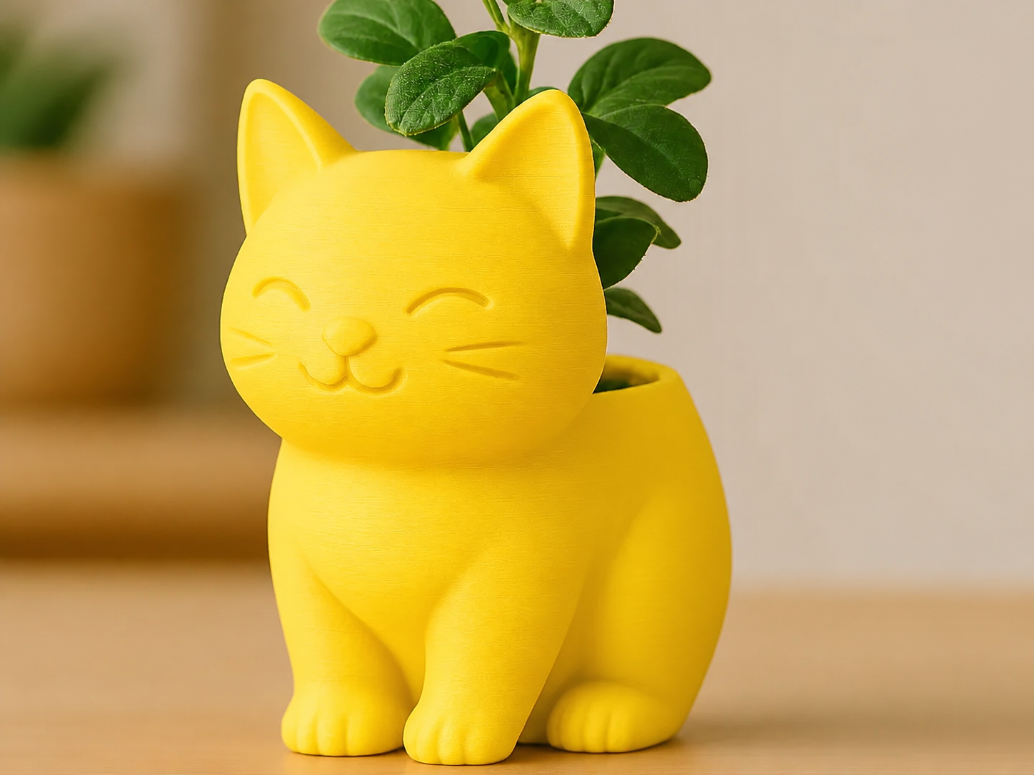 3D Baskı Sevimli Kedi Saksı - Figürlü Sukulent Saksısı-Sarı