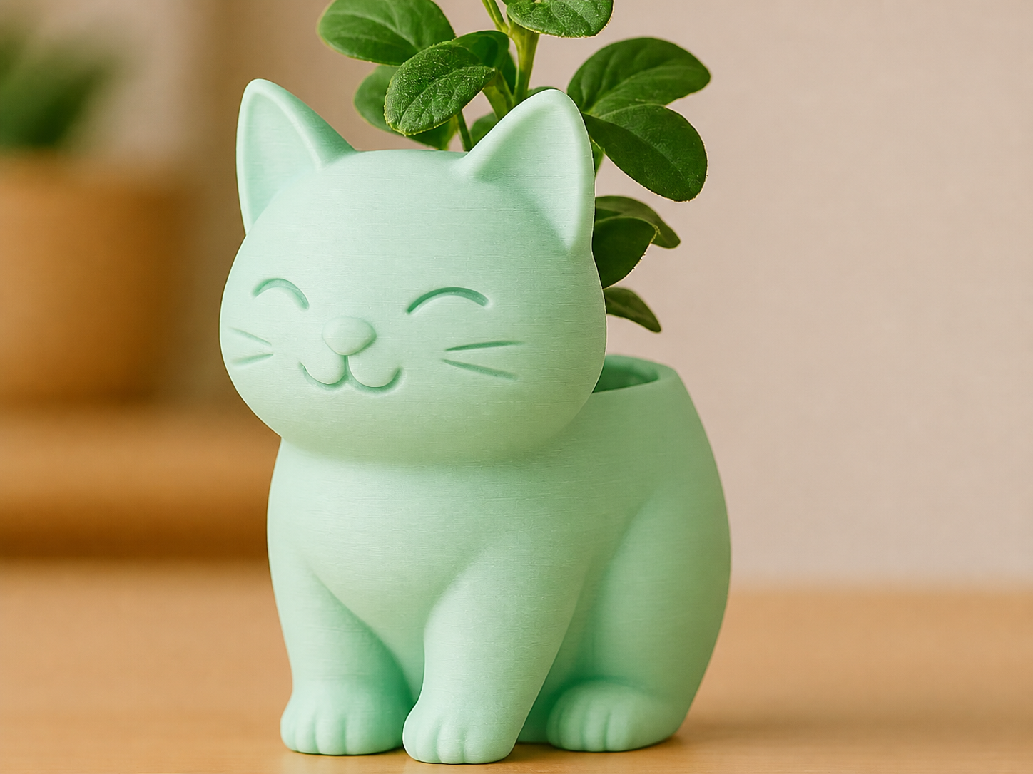 3D Baskı Sevimli Kedi Saksı - Figürlü Sukulent Saksısı-Mint