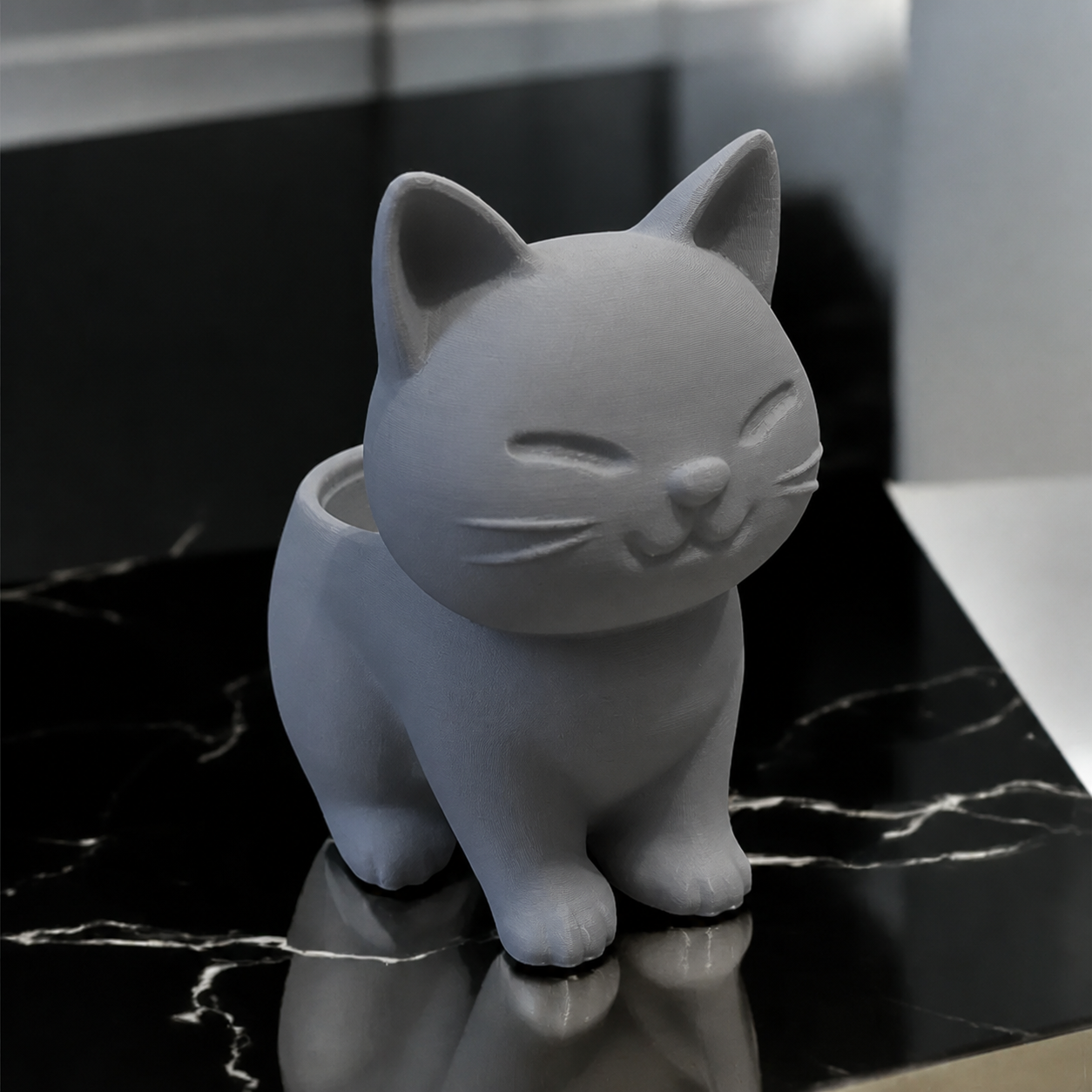3D Baskı Sevimli Kedi Saksı - Figürlü Sukulent Saksısı-Gri