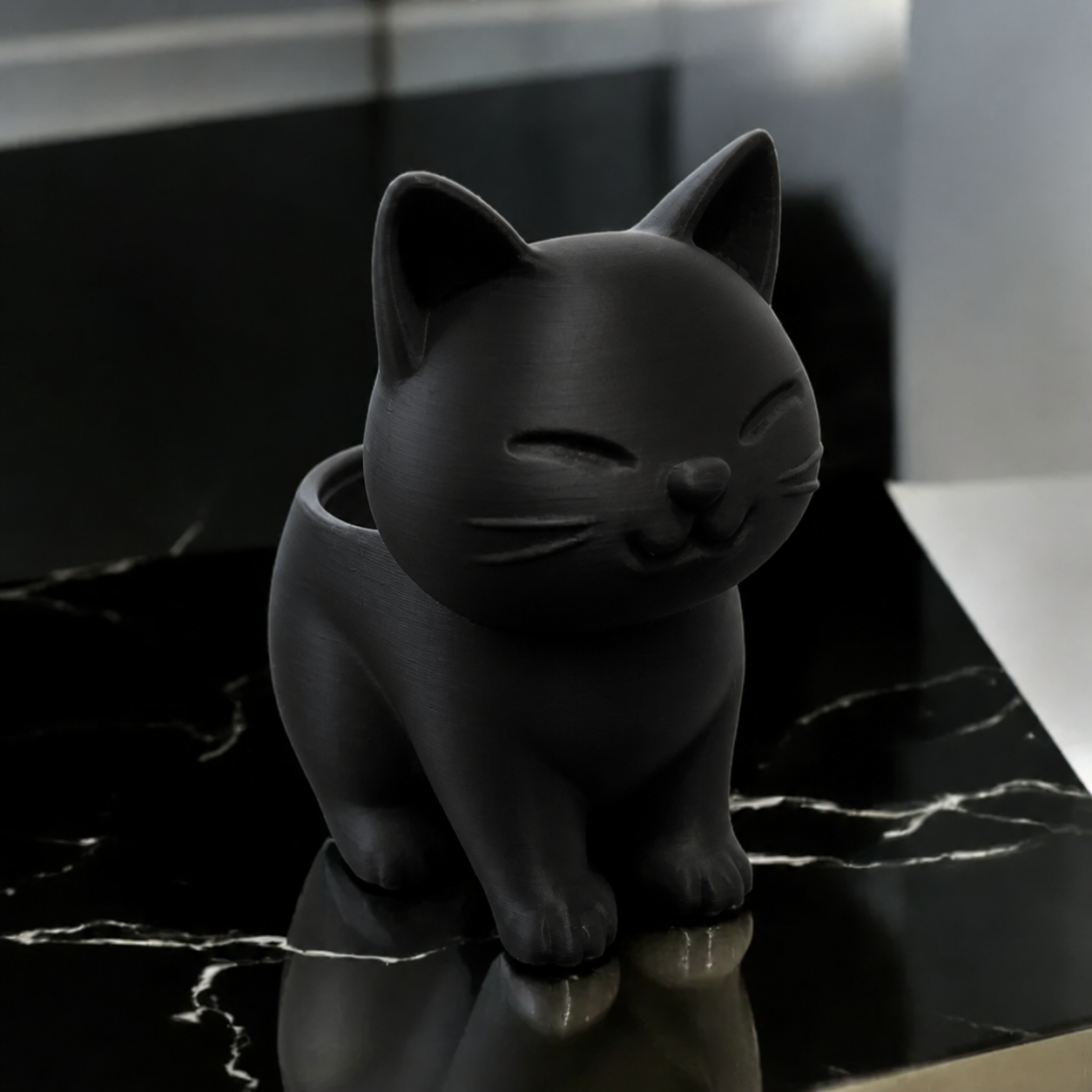 3D Baskı Sevimli Kedi Saksı - Figürlü Sukulent Saksısı-Siyah