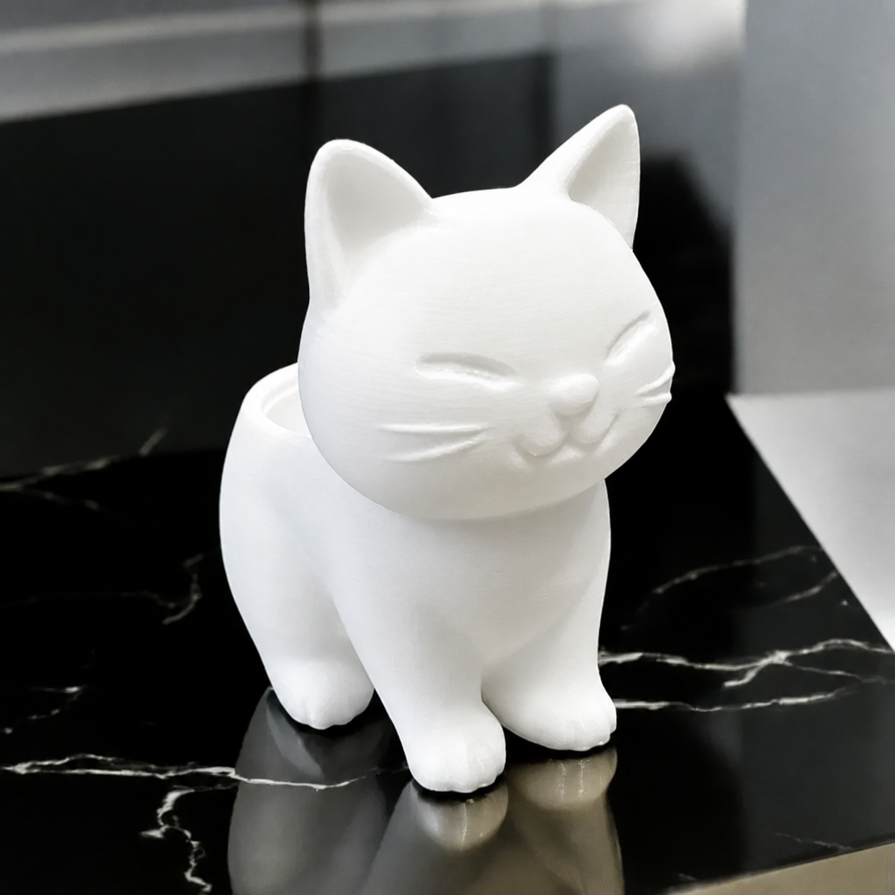 3D Baskı Sevimli Kedi Saksı - Figürlü Sukulent Saksısı-Beyaz