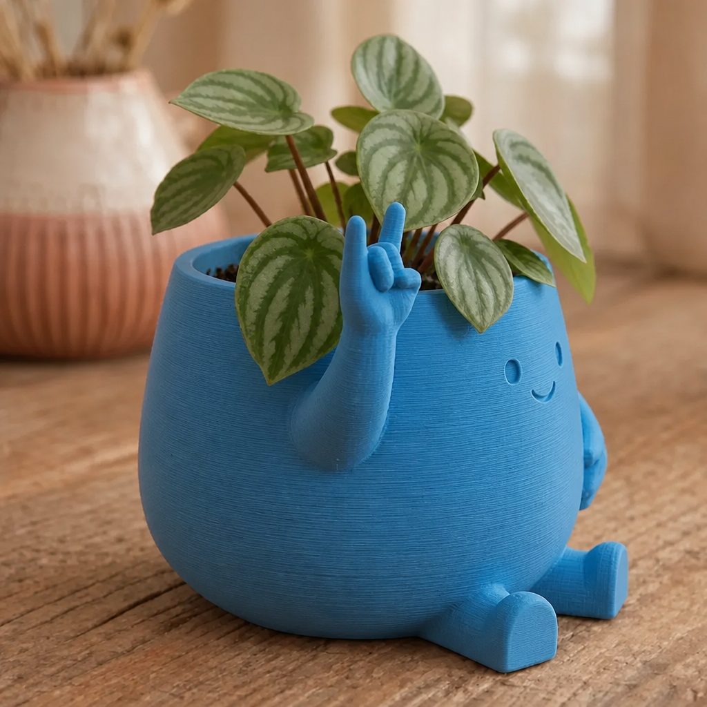 3D Baskı Smiley Face Planter - Gülümseyen Karakterli Saksı-Mavi