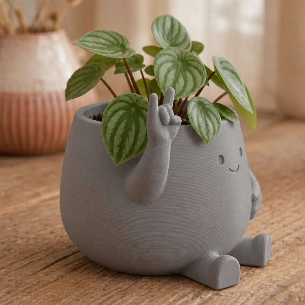 3D Baskı Smiley Face Planter - Gülümseyen Karakterli Saksı-Gri