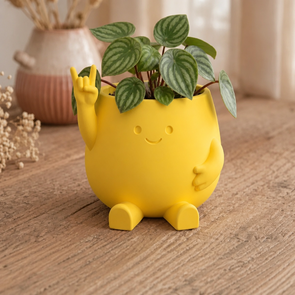 3D Baskı Smiley Face Planter - Gülümseyen Karakterli Saksı-Sarı