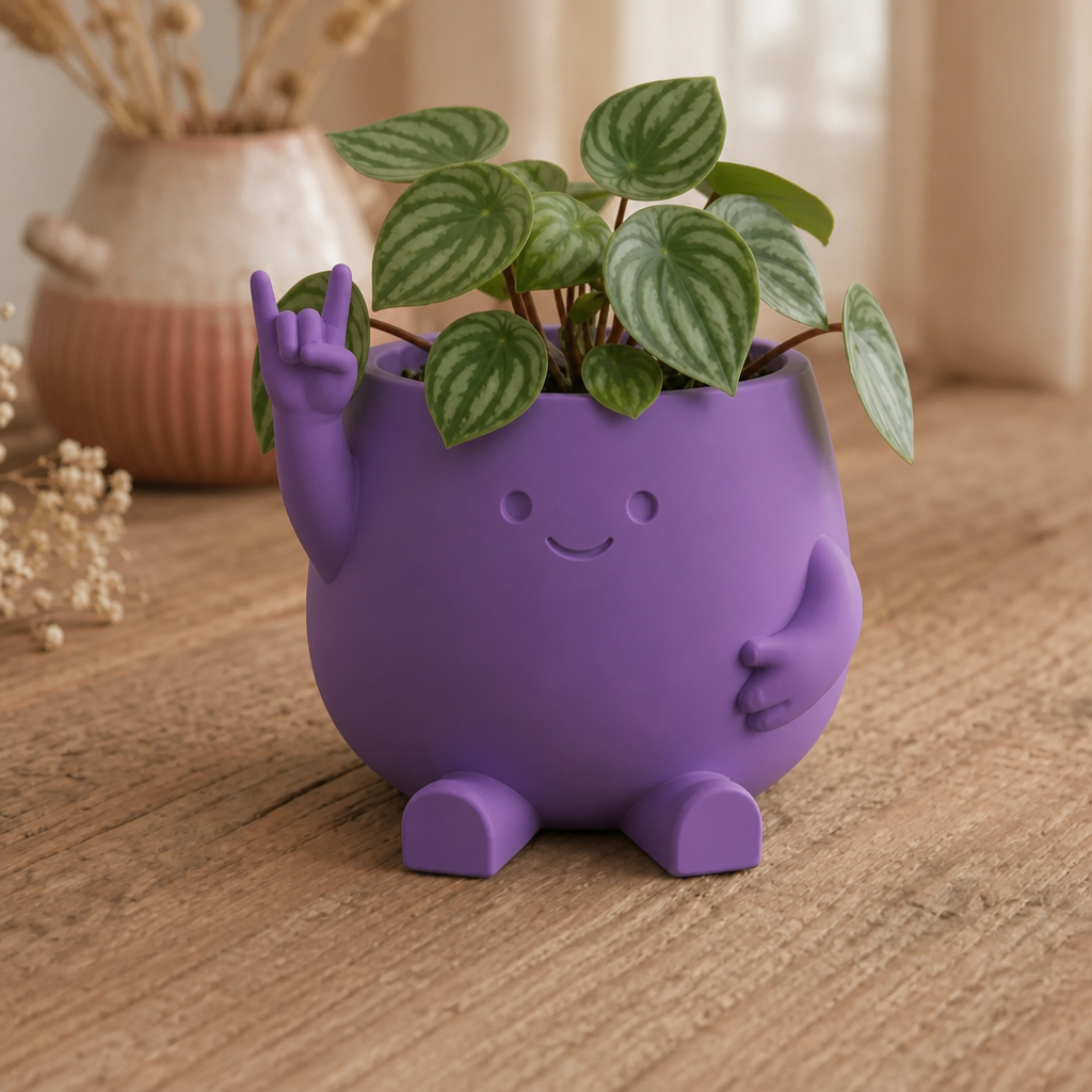 3D Baskı Smiley Face Planter - Gülümseyen Karakterli Saksı-Mor