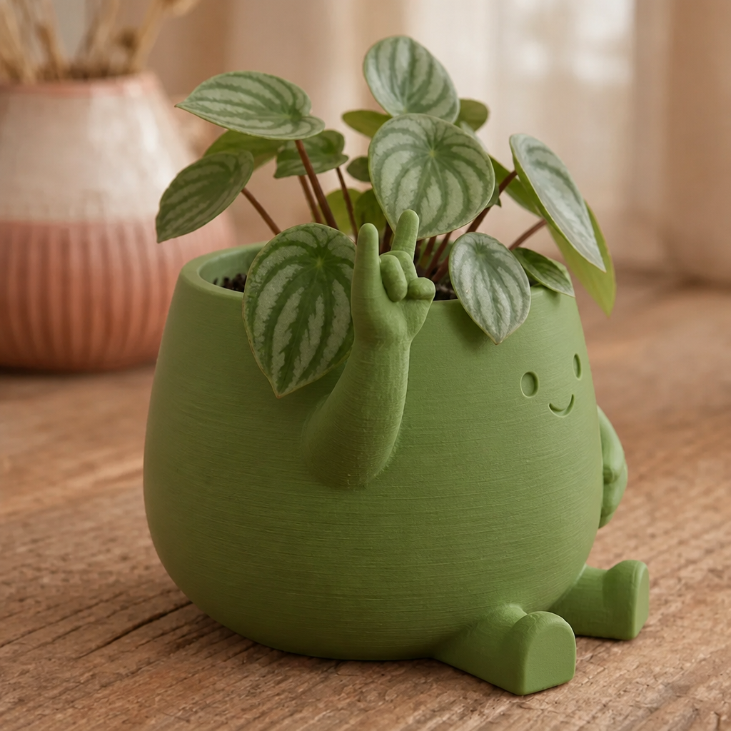 3D Baskı Smiley Face Planter - Gülümseyen Karakterli Saksı-Yeşil