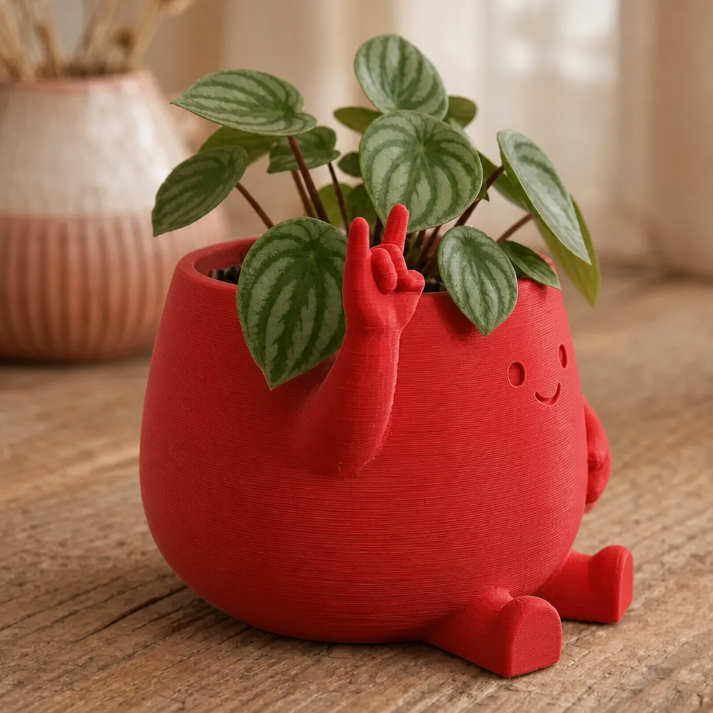 3D Baskı Smiley Face Planter - Gülümseyen Karakterli Saksı-Kırmızı