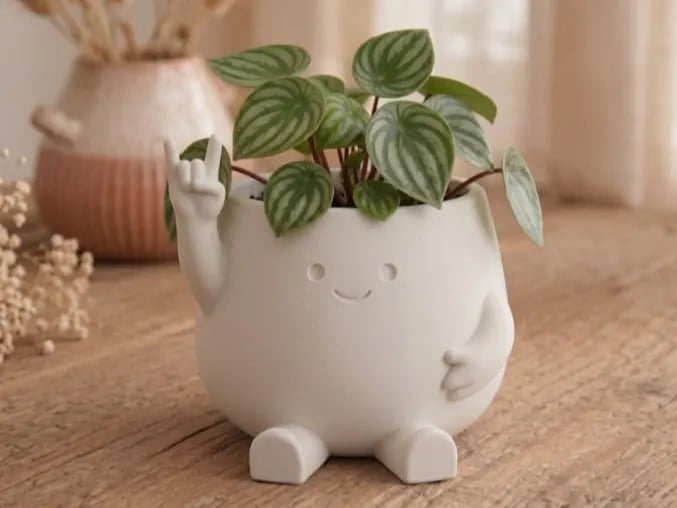 3D Baskı Smiley Face Planter - Gülümseyen Karakterli Saksı-Beyaz