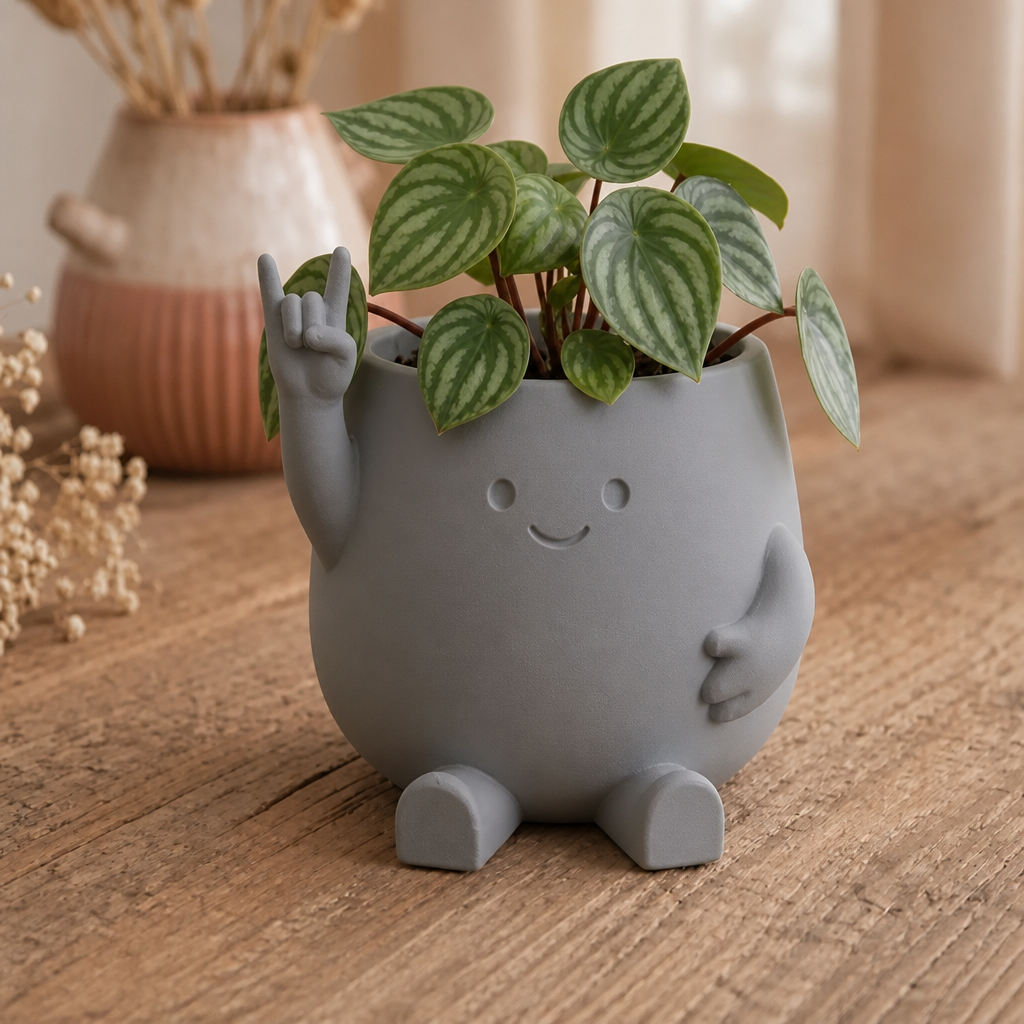 3D Baskı Smiley Face Planter - Gülümseyen Karakterli Saksı-Gri