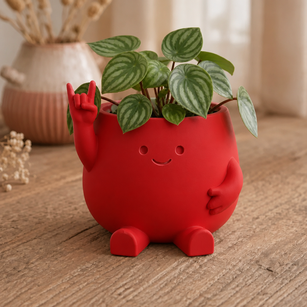 3D Baskı Smiley Face Planter - Gülümseyen Karakterli Saksı-Kırmızı