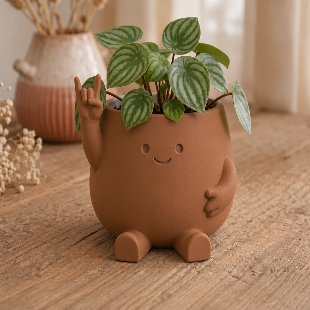 3D Baskı Smiley Face Planter - Gülümseyen Karakterli Saksı-Kahverengi