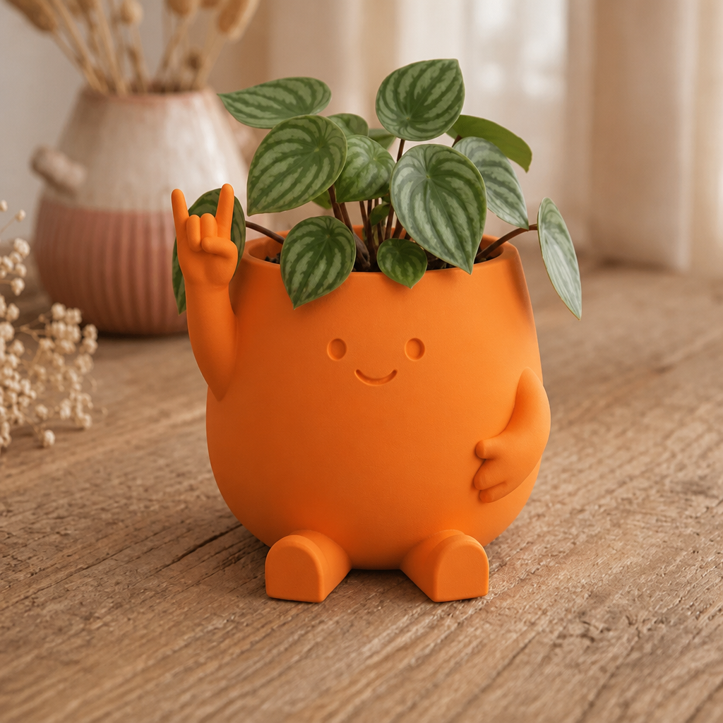 3D Baskı Smiley Face Planter - Gülümseyen Karakterli Saksı-Turuncu
