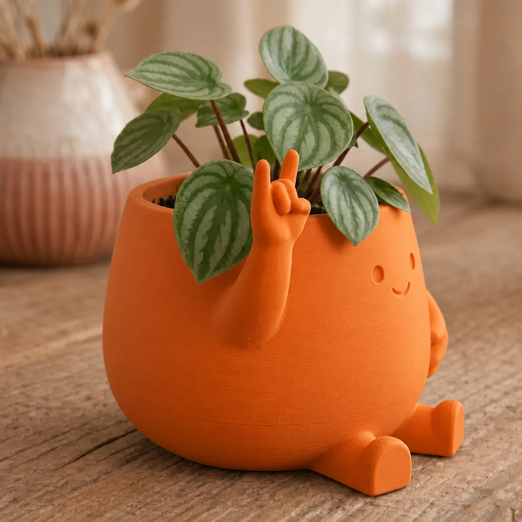 3D Baskı Smiley Face Planter - Gülümseyen Karakterli Saksı-Turuncu