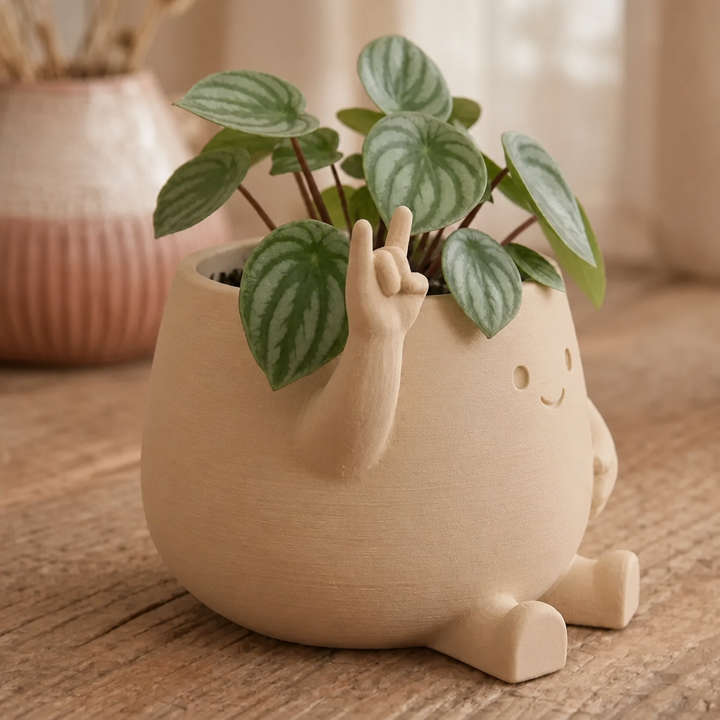 3D Baskı Smiley Face Planter - Gülümseyen Karakterli Saksı-Bej
