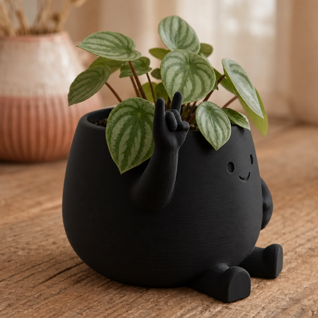 3D Baskı Smiley Face Planter - Gülümseyen Karakterli Saksı-Siyah