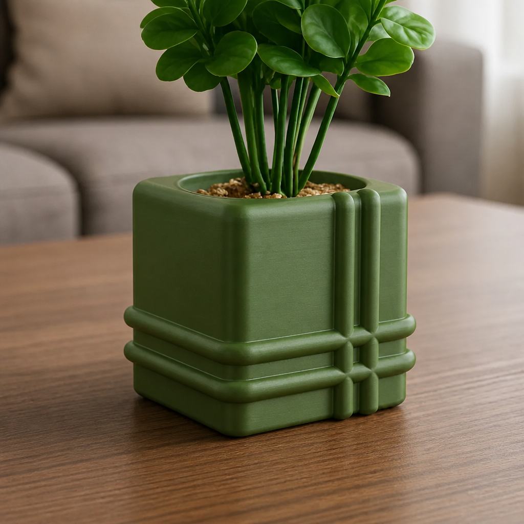 3D Baskı Square Planter - Izgara Desenli Küp Saksı-Yeşil