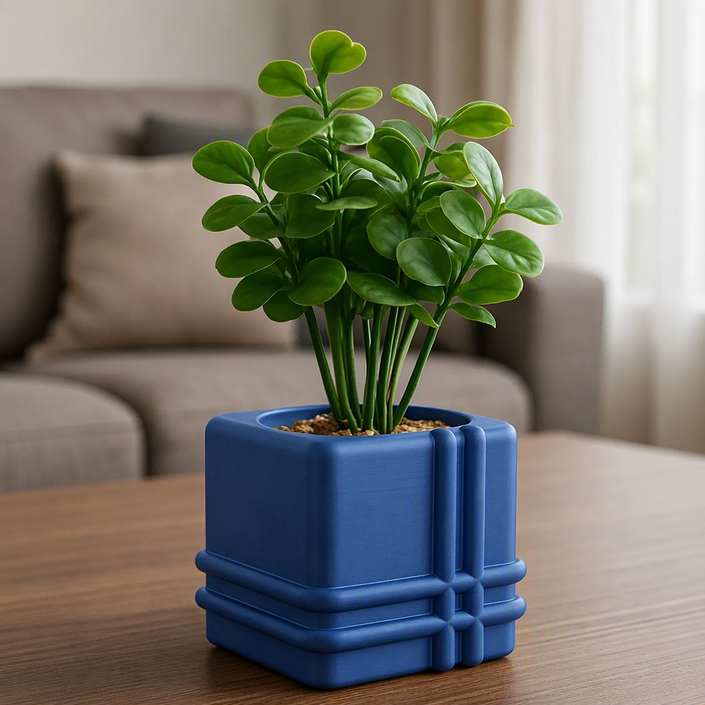 3D Baskı Square Planter - Izgara Desenli Küp Saksı-Mavi