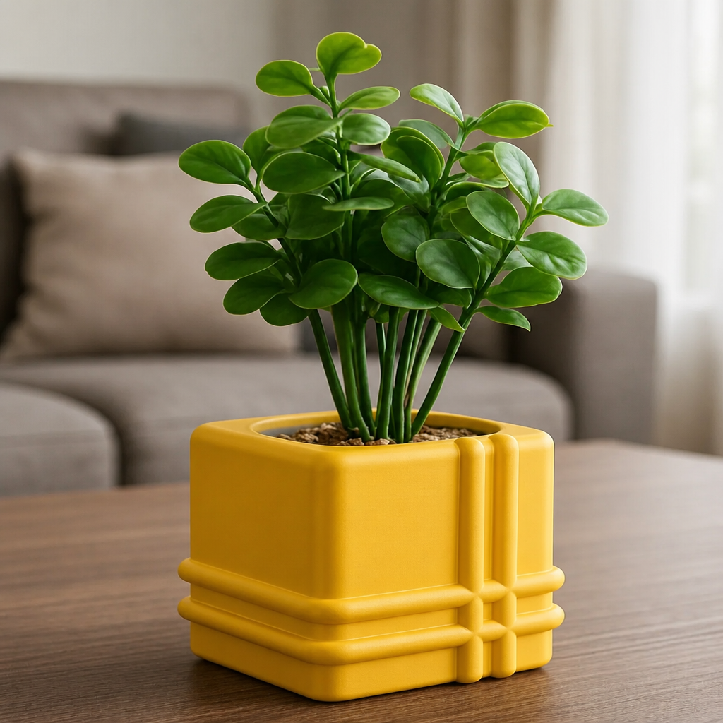 3D Baskı Square Planter - Izgara Desenli Küp Saksı-Sarı