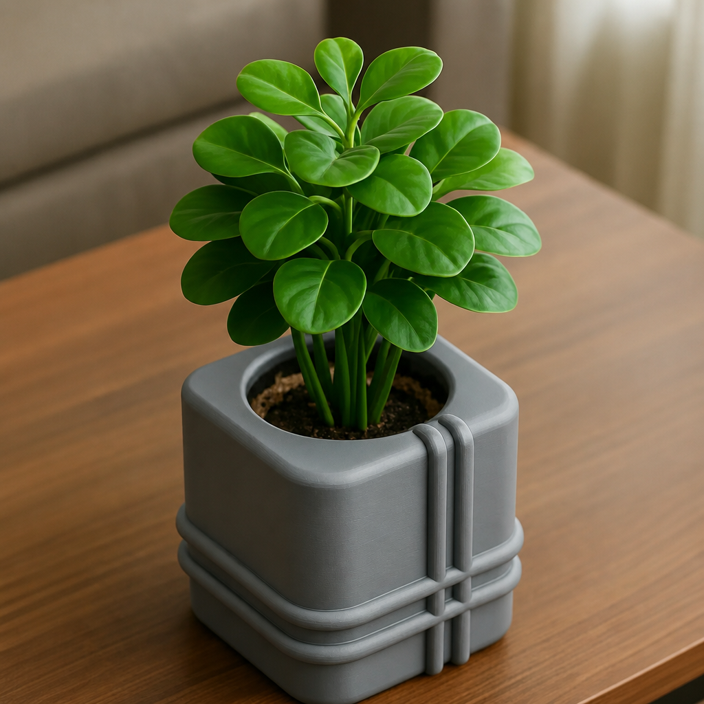 3D Baskı Square Planter - Izgara Desenli Küp Saksı-Gri