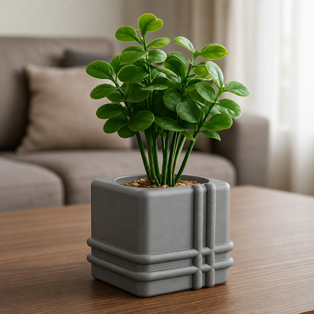 3D Baskı Square Planter - Izgara Desenli Küp Saksı-Gri