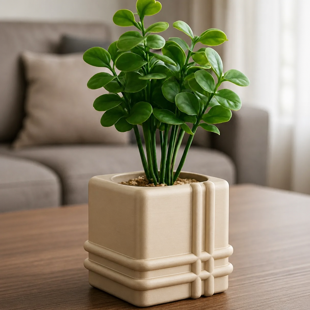 3D Baskı Square Planter - Izgara Desenli Küp Saksı-Bej