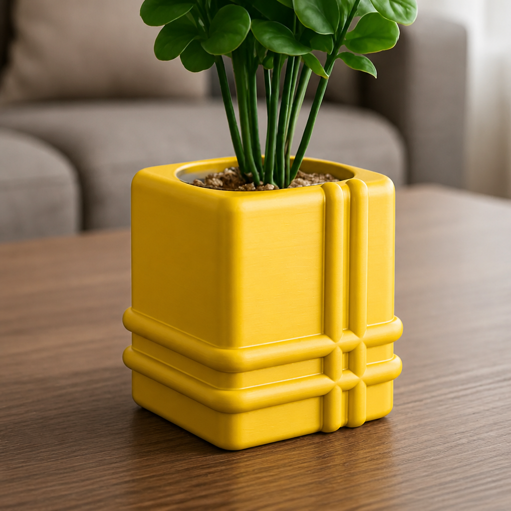 3D Baskı Square Planter - Izgara Desenli Küp Saksı-Sarı