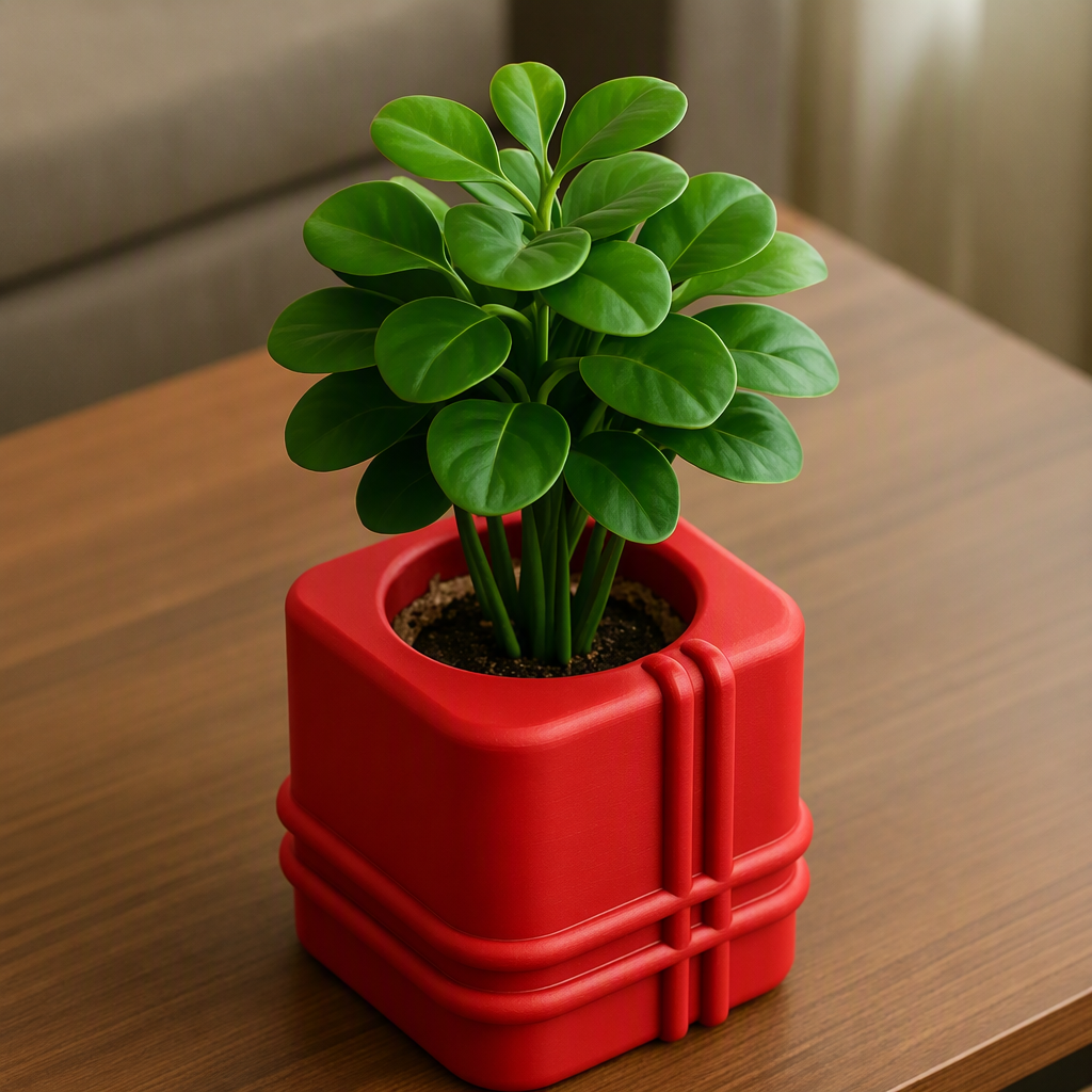 3D Baskı Square Planter - Izgara Desenli Küp Saksı-Kırmızı