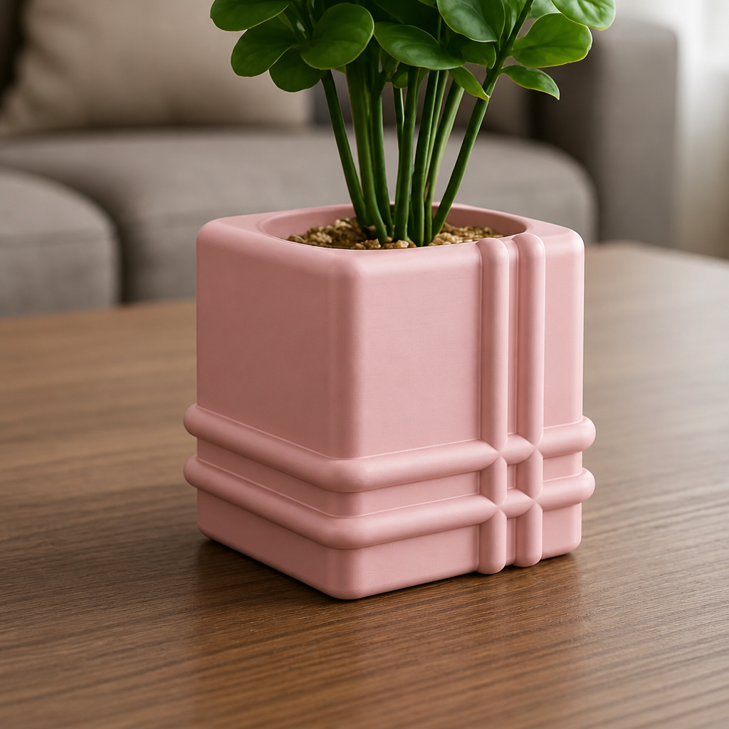 3D Baskı Square Planter - Izgara Desenli Küp Saksı-Pembe