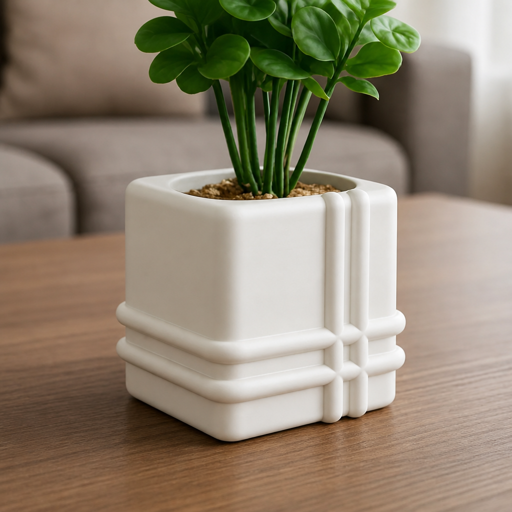 3D Baskı Square Planter - Izgara Desenli Küp Saksı-Beyaz