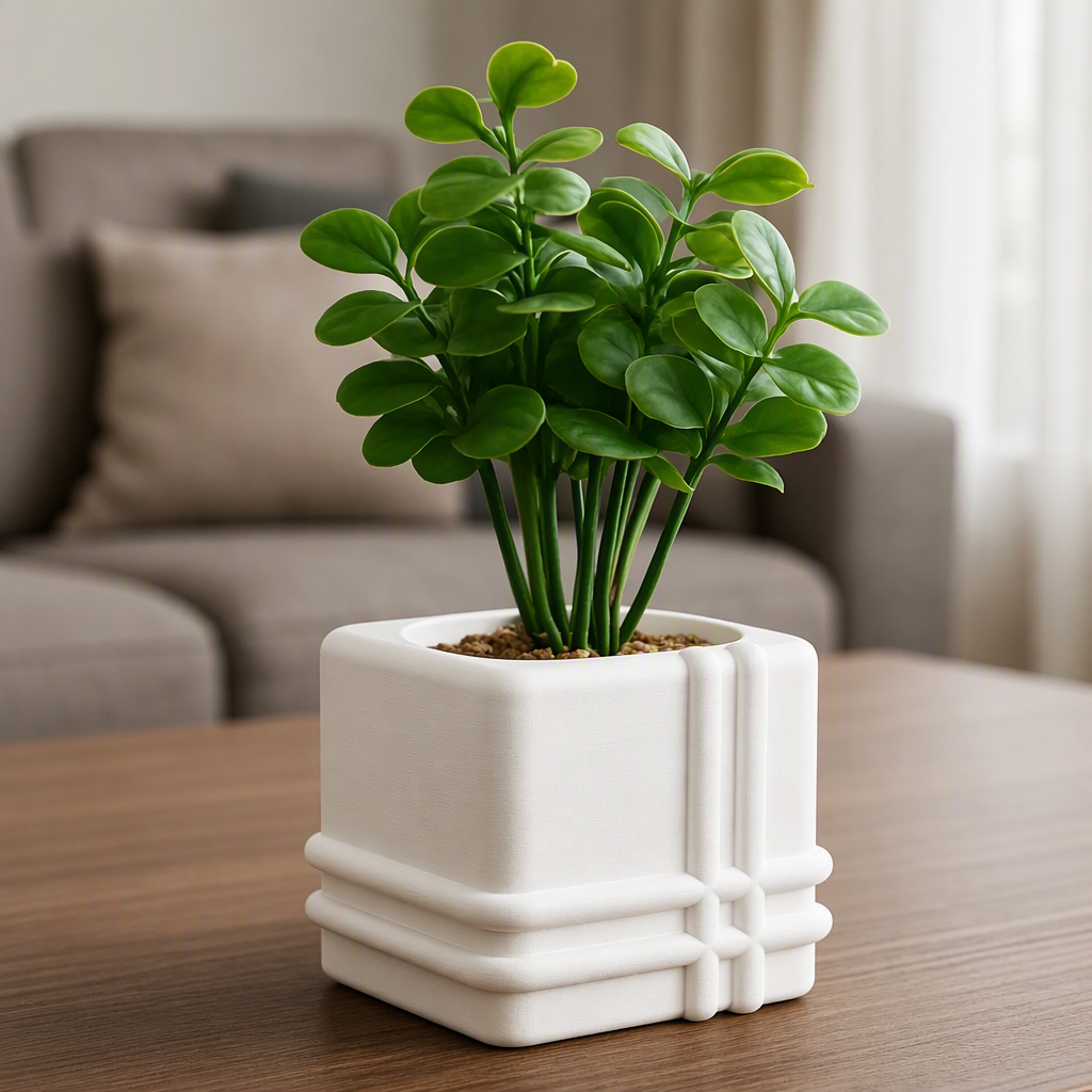 3D Baskı Square Planter - Izgara Desenli Küp Saksı-Beyaz