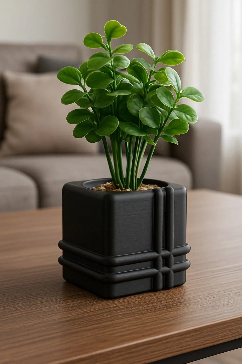 3D Baskı Square Planter - Izgara Desenli Küp Saksı-Siyah