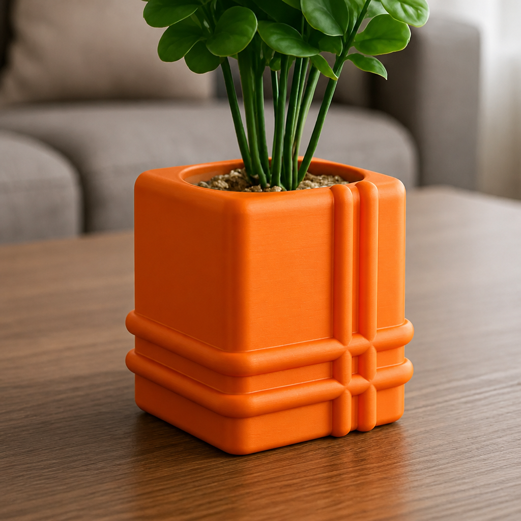 3D Baskı Square Planter - Izgara Desenli Küp Saksı-Turuncu